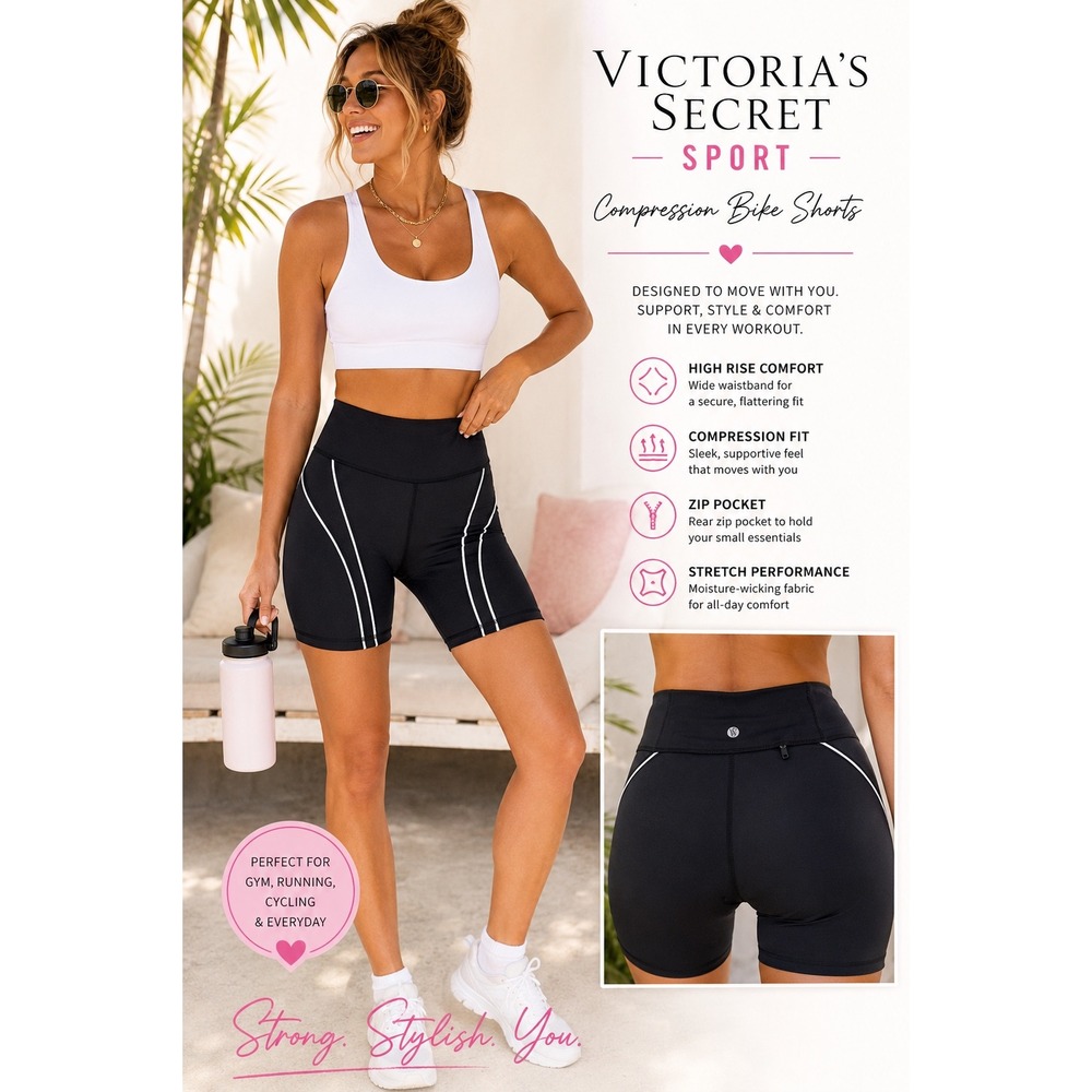 Victoria's Secret Sport Bike Shorts Womens S Black Compression High Rise Pocket - Picture 2 of 10